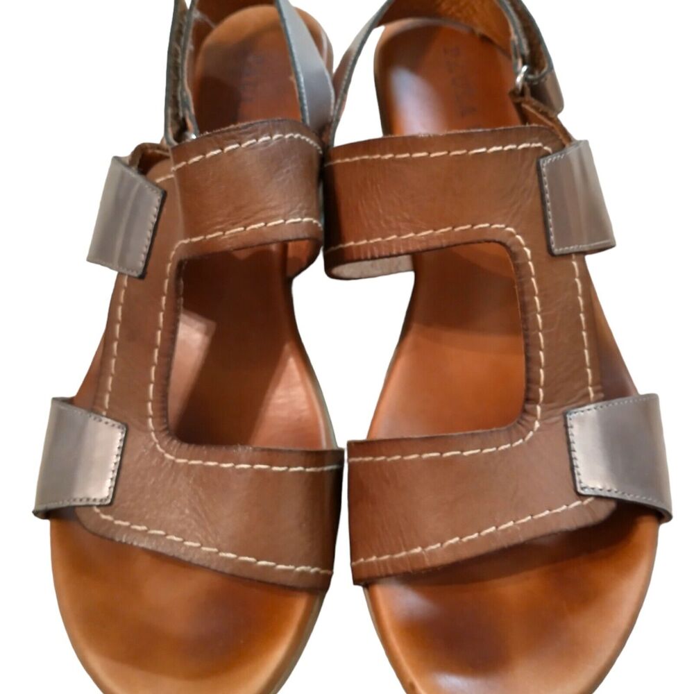 Paula Urban Brown Silver Leather Sandals Size 8.5 US Unique Summer Support Cute